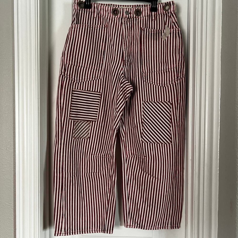 NWT FLAW We The Free Moxie Railroad Stripe Barrel Jeans | Red Berry | Size 30 - Picture 2 of 9